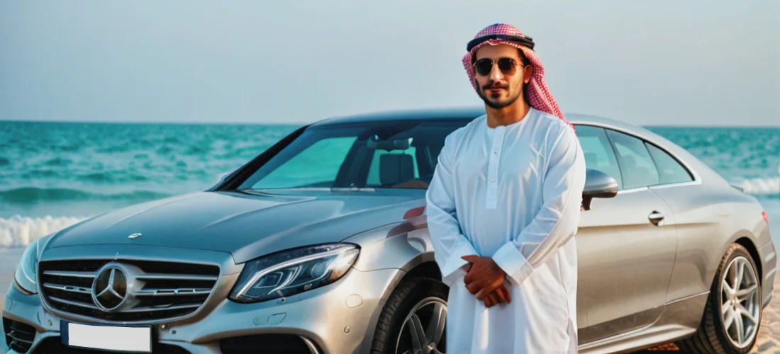 a man near an expensive gray car on the beach