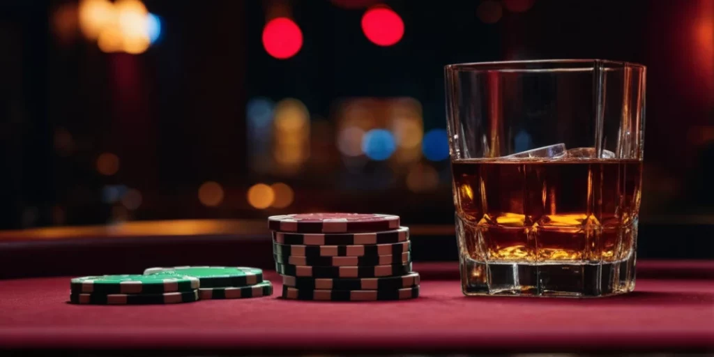  a poker table with chips and a glass of whiskey
